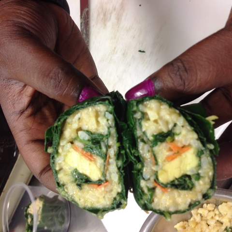 A delicious Curried Kale Wrap waiting to be eaten by clients!